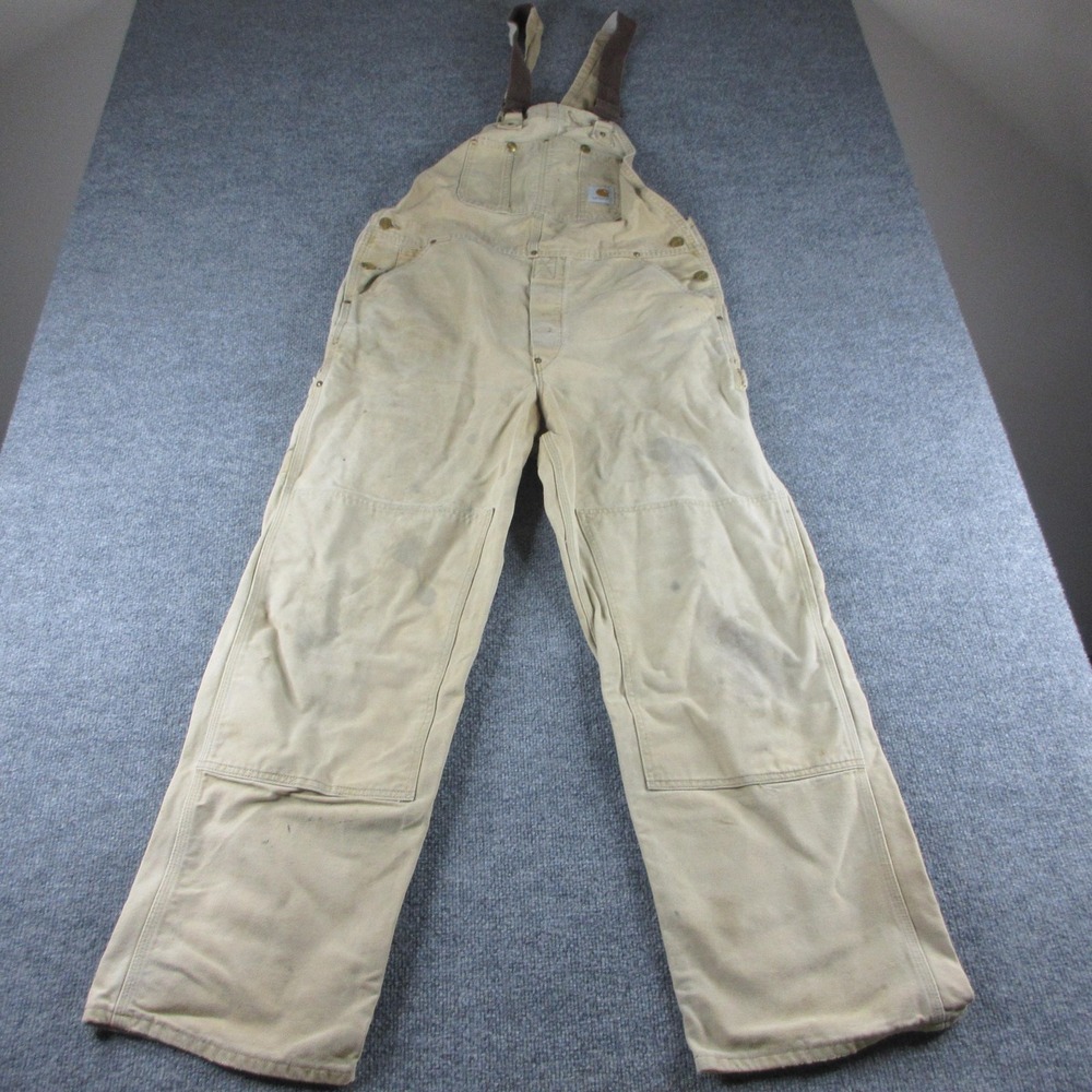Carhartt Bib‎ Overalls Mens 38x30 Beige Canvas Double Knee Carpenter Workwear